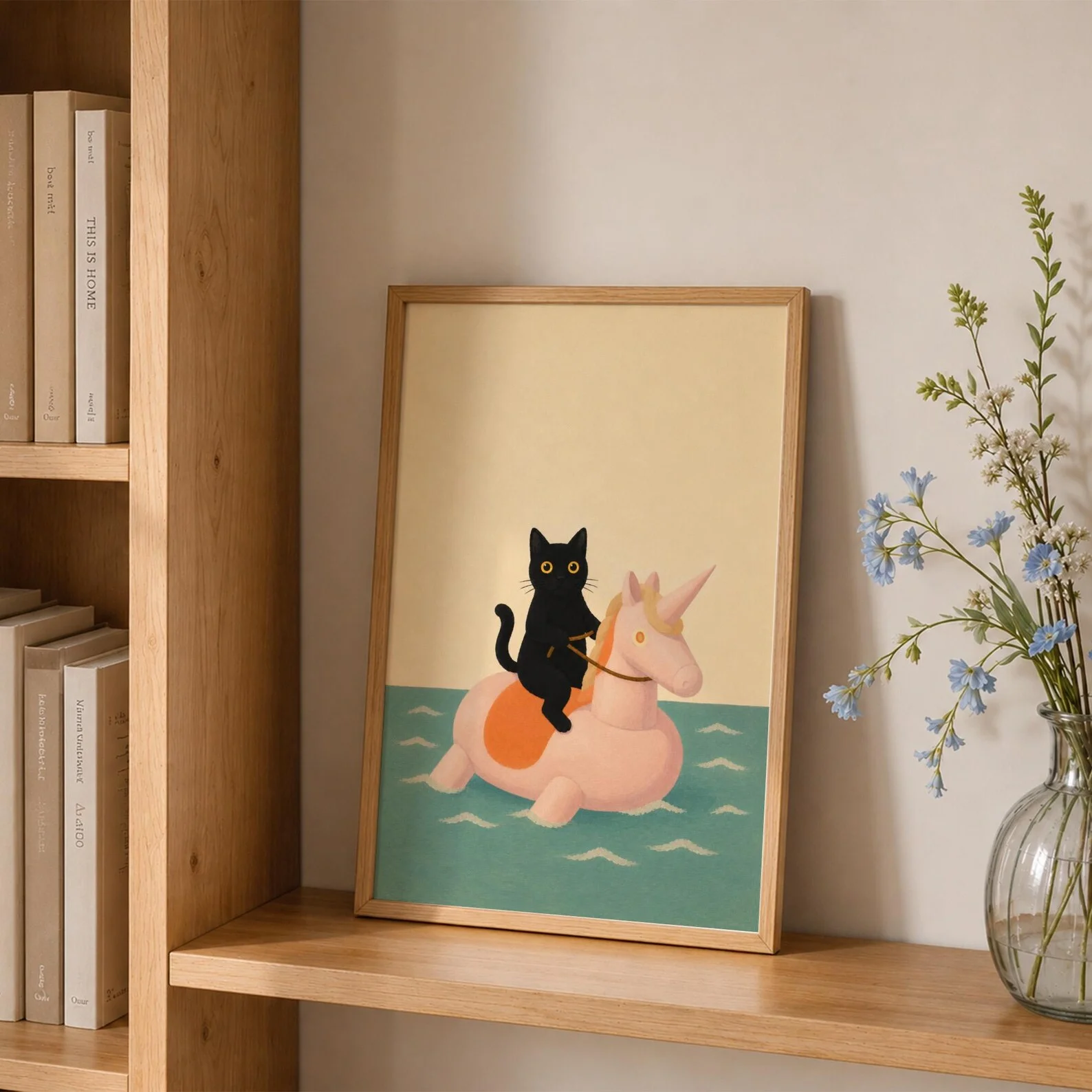Black Cat Unicorn Float Print Cute Cat Wall Art Whimsical Pool Animal Painting Summer Cat Decor  ForBedroom, Living Room, Office