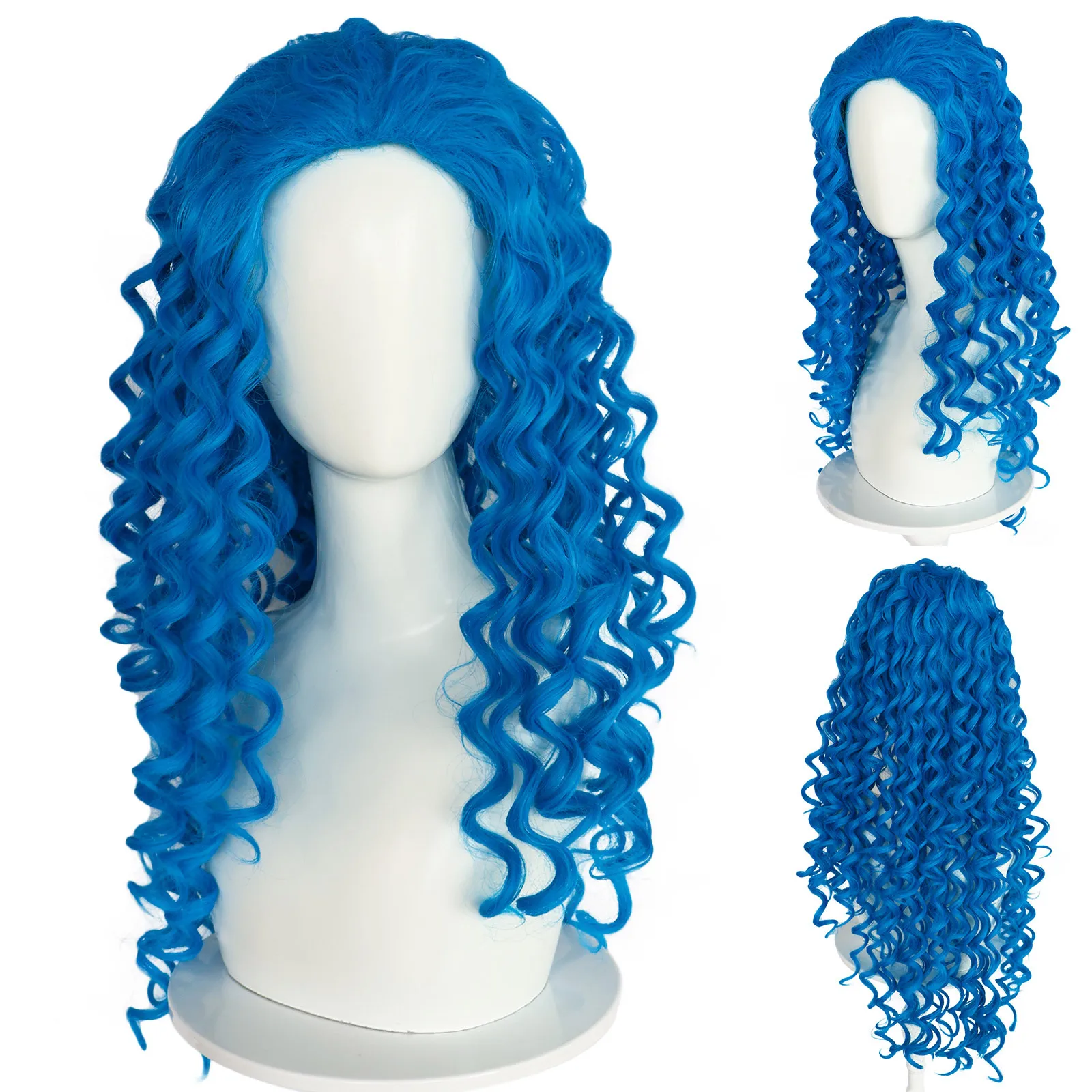 DescmotPrincess-Perruque de Cosplay Bleu, Cheveux Longs Bouclés, 67cm, pour ixd'Halloween et Carnaval