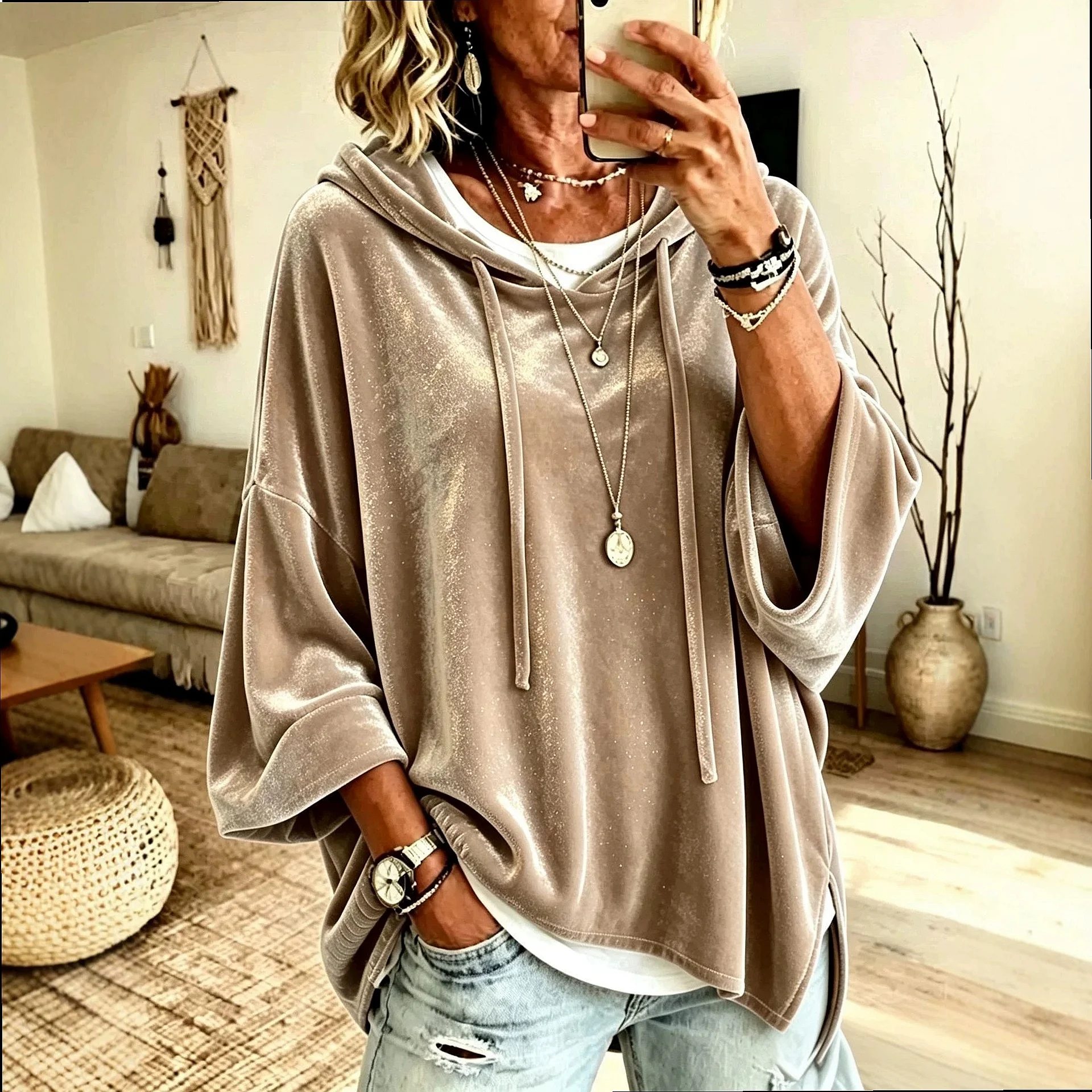 Knitted Hooded Sweatshirts Drawstring Velour Loose Outerwear Women Matching Set Spring Summer