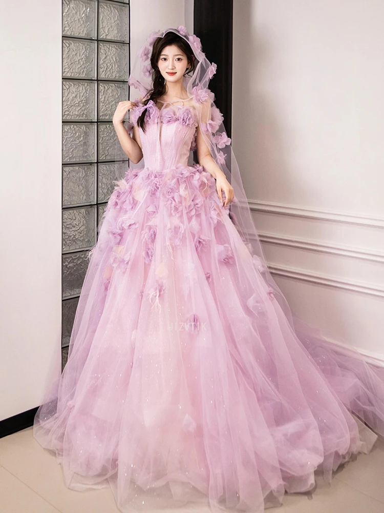 Luxury Flower Applique Wedding Dresses Women Strapless 3D Flowers A-Line Bridal Gown Customized Elegant Prom Evening Party Dress