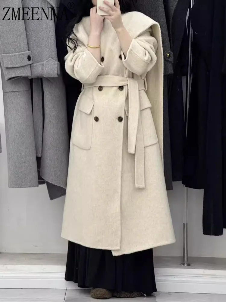 

ZMEENNA Womens Wool Blend Long Coat With Hood And Belted Waist Double Breasted Buttons Warm Elegant Fall Winter Overcoat ZM3420