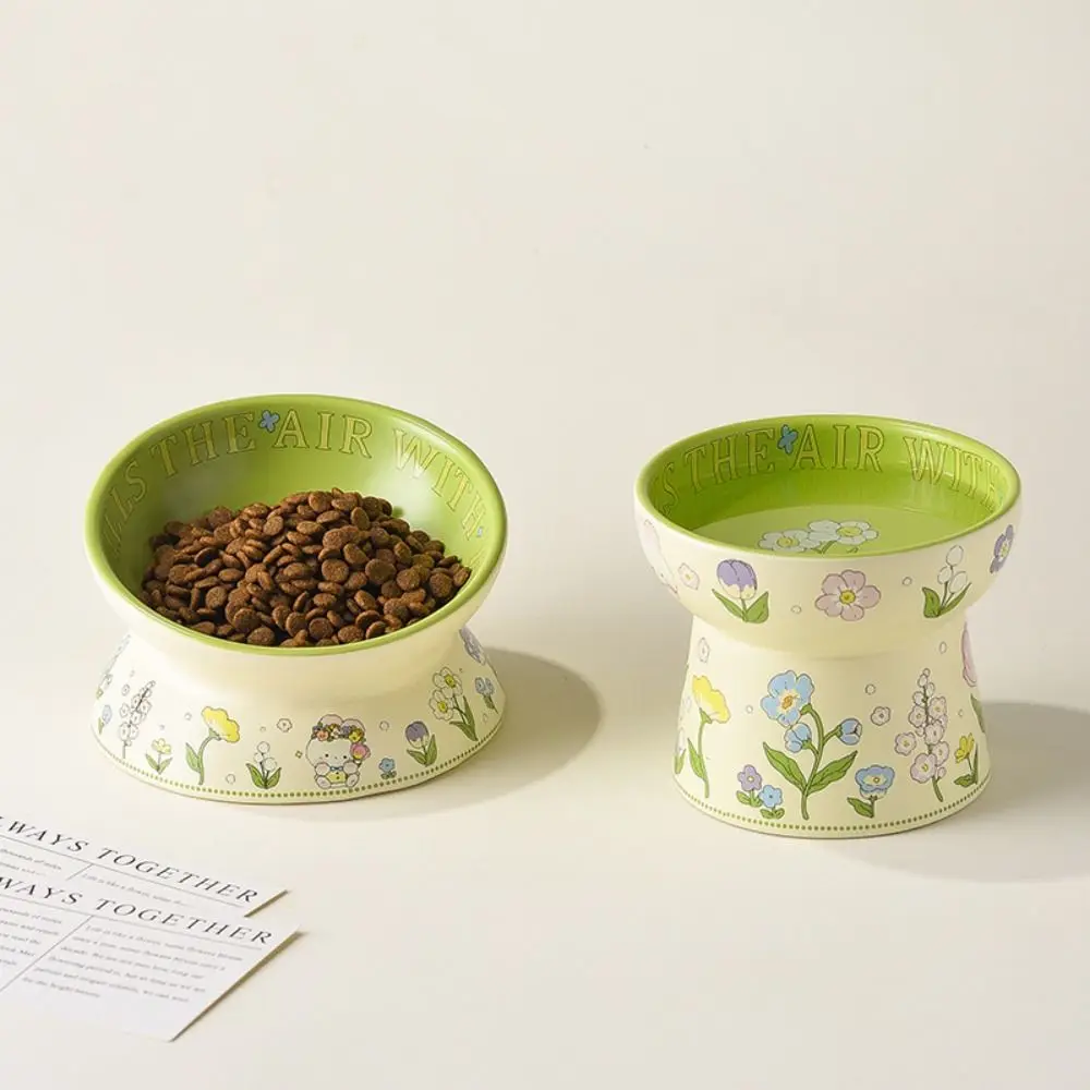 Green Ceramic Cat Bowl Rabbit Flower High Foot Diagonal Pet Feeding Bowl Non-Slip Cat Canned Food Bowl For Drinking Feeding view 3