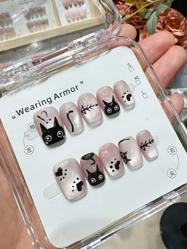 

Summer new cute hand-painted Luo Xiaohei same cat eye manicure finished product hand-customized wearing armor waterproof