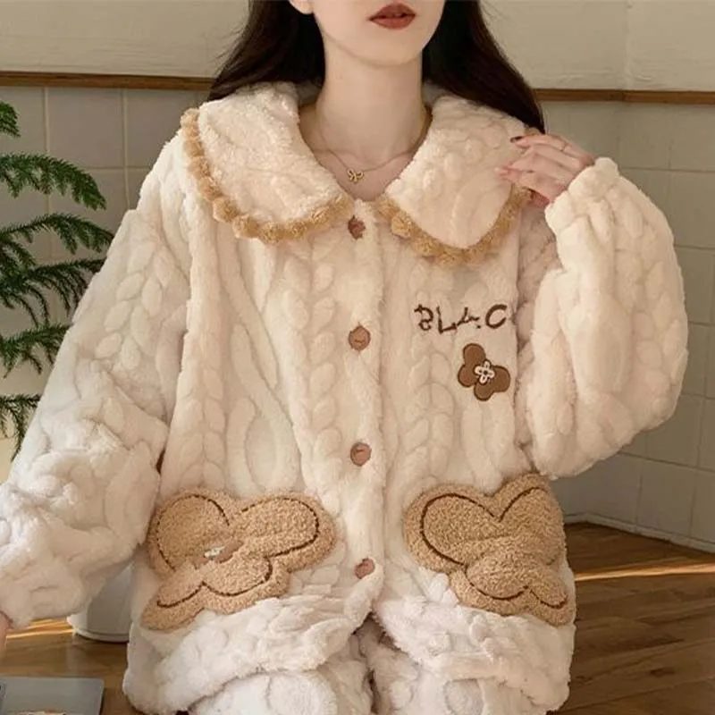 Pigiama cardigan in pile corallo carino da donna autunno e inverno Set pigiama in peluche addensato per ragazze studente caldo e confortevole pigiama