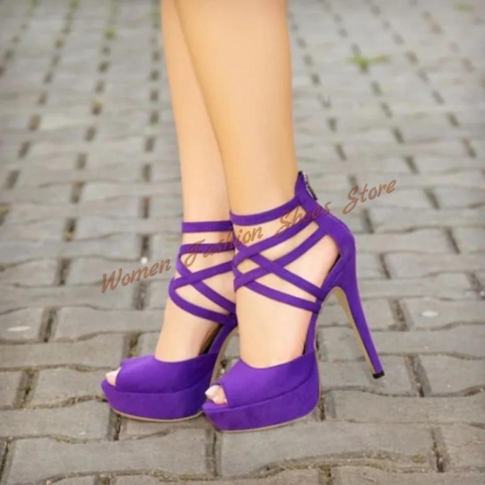 

Purple Peep Toe Back Zipper Sandals Cross Strap Thin High Heels High Heel Shoes for Women Heels 2025 New Zapatos Para Mujere