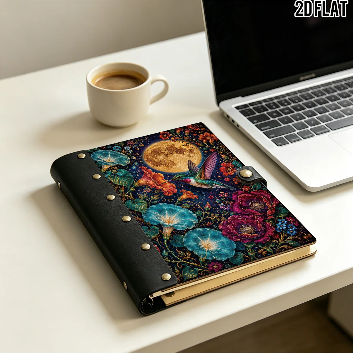 1PC 2DFlat Wooden Notebook, Moon Hummingbird Morning Glory Peony Floral Print, Hardcover 100 Pages With Leather Rivet Craft Deco
