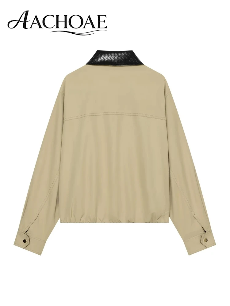 AACHOAE Women's Contrast Collar Bomber Jacket Lapel Zip Up Casual Oversized Jacket Minimalist Short Coat Spring Autumn Outerwear