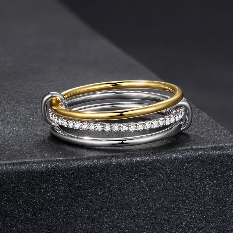 BAMOER U Moissanite Interlocked Stackable Rings Set Two-Tones Multi-Links Connected Bands for Women Jewelry Gift D Color VVS1