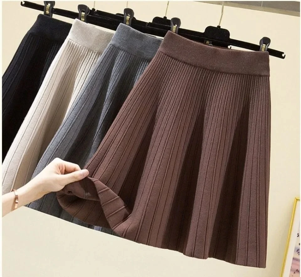 

A- Line Half Body Skirts for Women Polyester Fiber Autumn Winter plus Size ClothingHigh Waist Knitted Umbrella Skirt Short