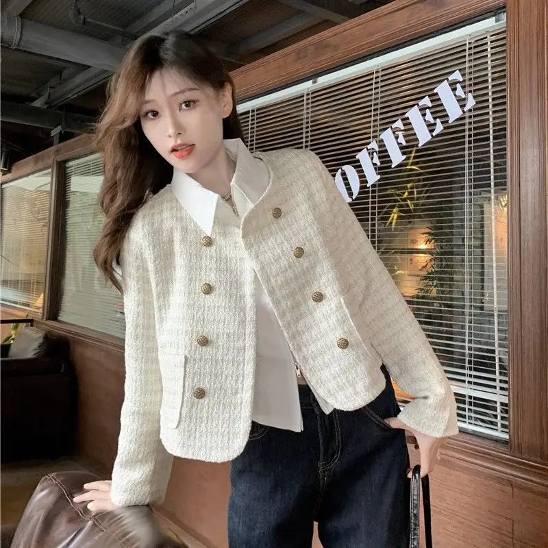 

Autumn Short Jacket Women's New Design Sense Short Coarse Tweed Long Sleeved Versatile Top Trendy