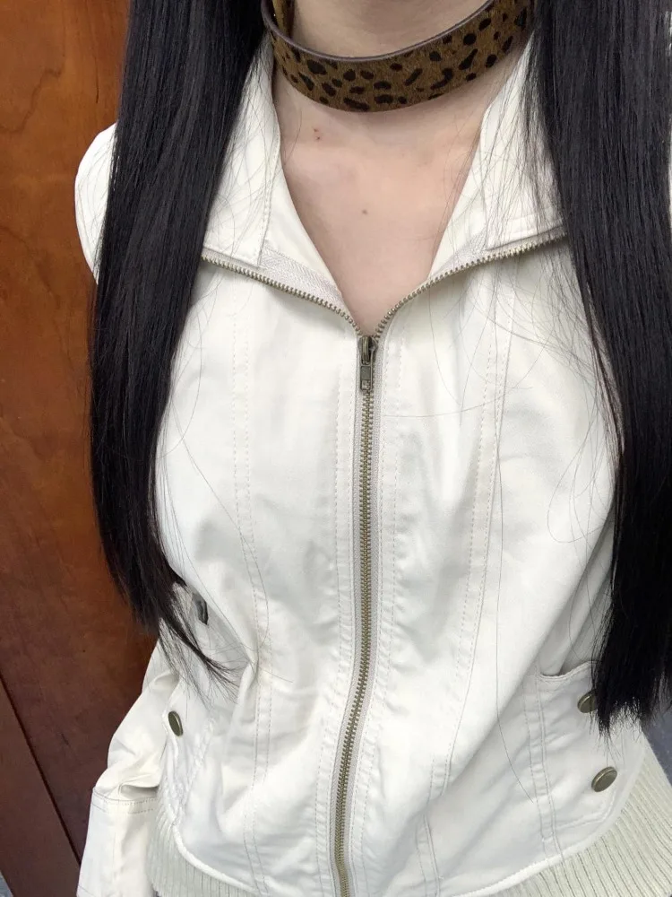 Deeptown Vintage Y2k Cropped Jackets Women Harajuku Streetwear Retro 2000s Basic Zipper Coat Long Sleeve Outerwear Grunge 90s