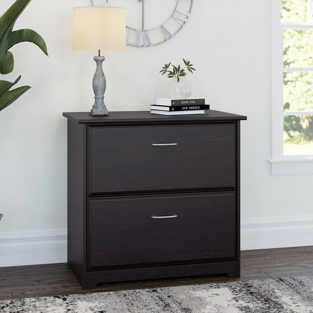 Lateral File Cabinet 2 Drawer Espresso Oak Smooth Ball Bearing Slides Stylish Office Storage Files Documents Accessories