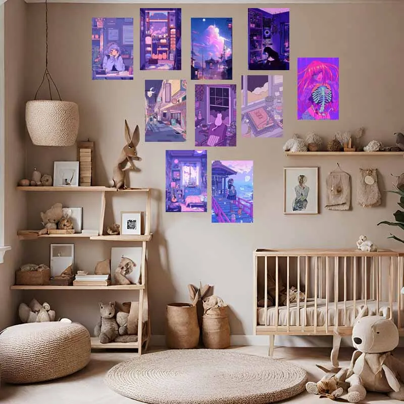 10/30PCS Purple Lofi Aesthetic Wall Collage Kit Prints Retro Cartoon Scene Art Pictures Dorm Room Decor Y2k Floral Smile Poster