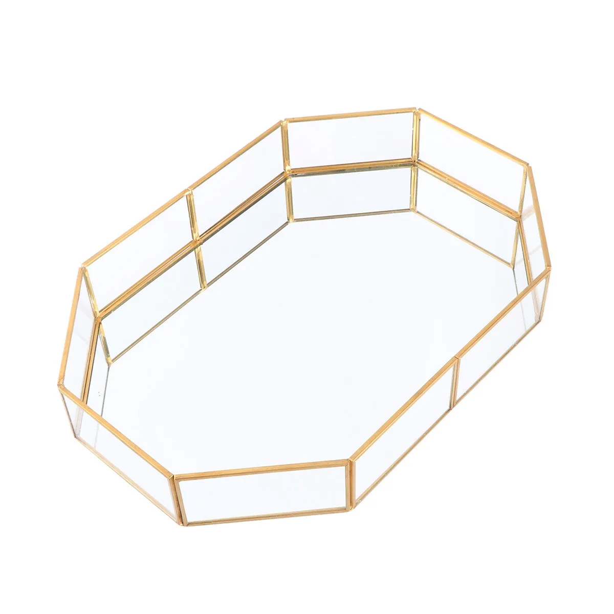 

Медный поднос для украшений со стеклянной поверхностью и зеркальным отражением, удлиненный изогнутый дизайн, элегантный органайзер для кольца