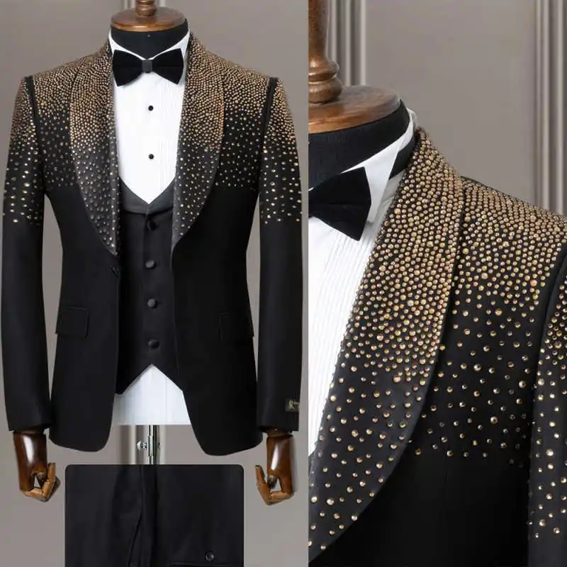 

Handsome Men Banquet Pants Suits Beads Shawl Lapel Groom Wear Wedding Tuxedos Wear 3 Pieces Business Birthday Party Customized