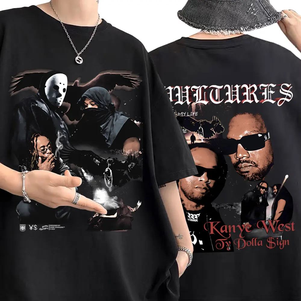 

Rapper Kanye West Ys Ty Dolla Sign Vultures Double Sided Print Tshirt Men Cotton Tees Male Vintage Hip Hop Oversized Streetwear