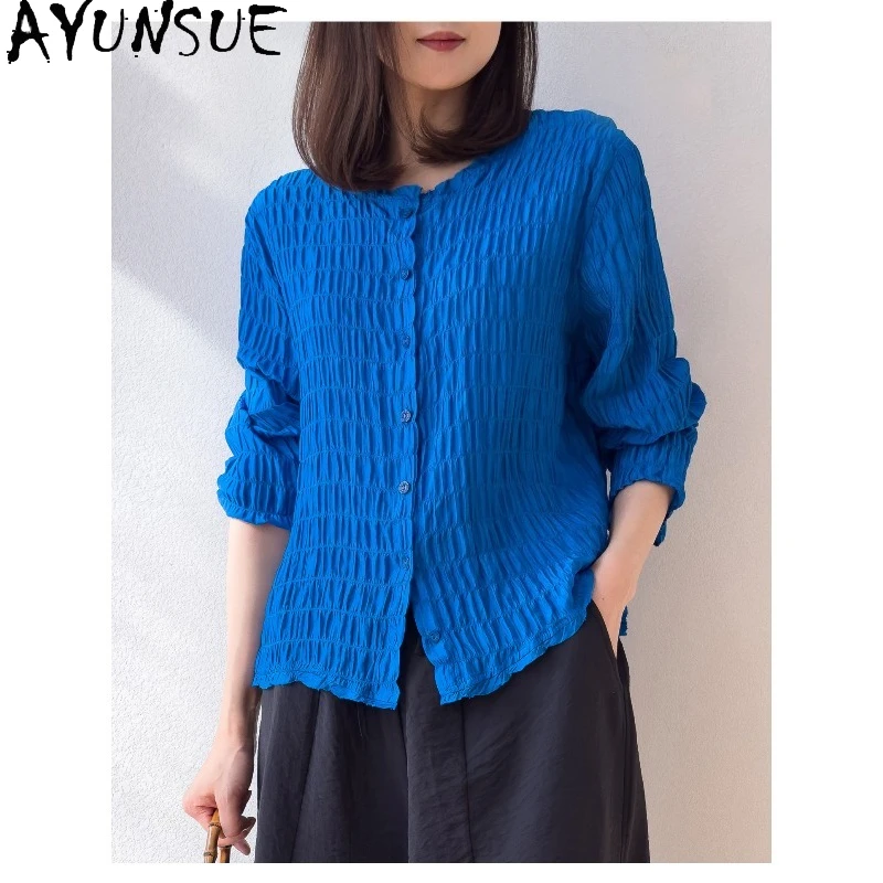 

AYUNSUE Женские блузки и рубашки из 93% шелка, топы с длинными рукавами для женщин, однотонная солнцезащитная рубашка, женская одежда, рубашка женская