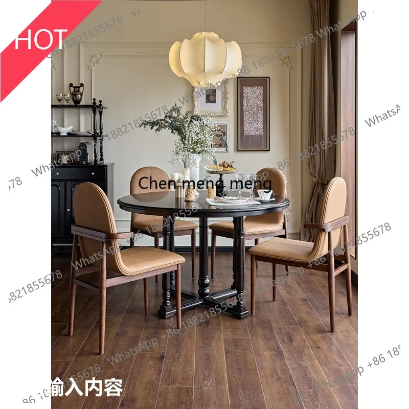 03A French solid wood retro dining table and chairs household medieval round table living room American country furniture