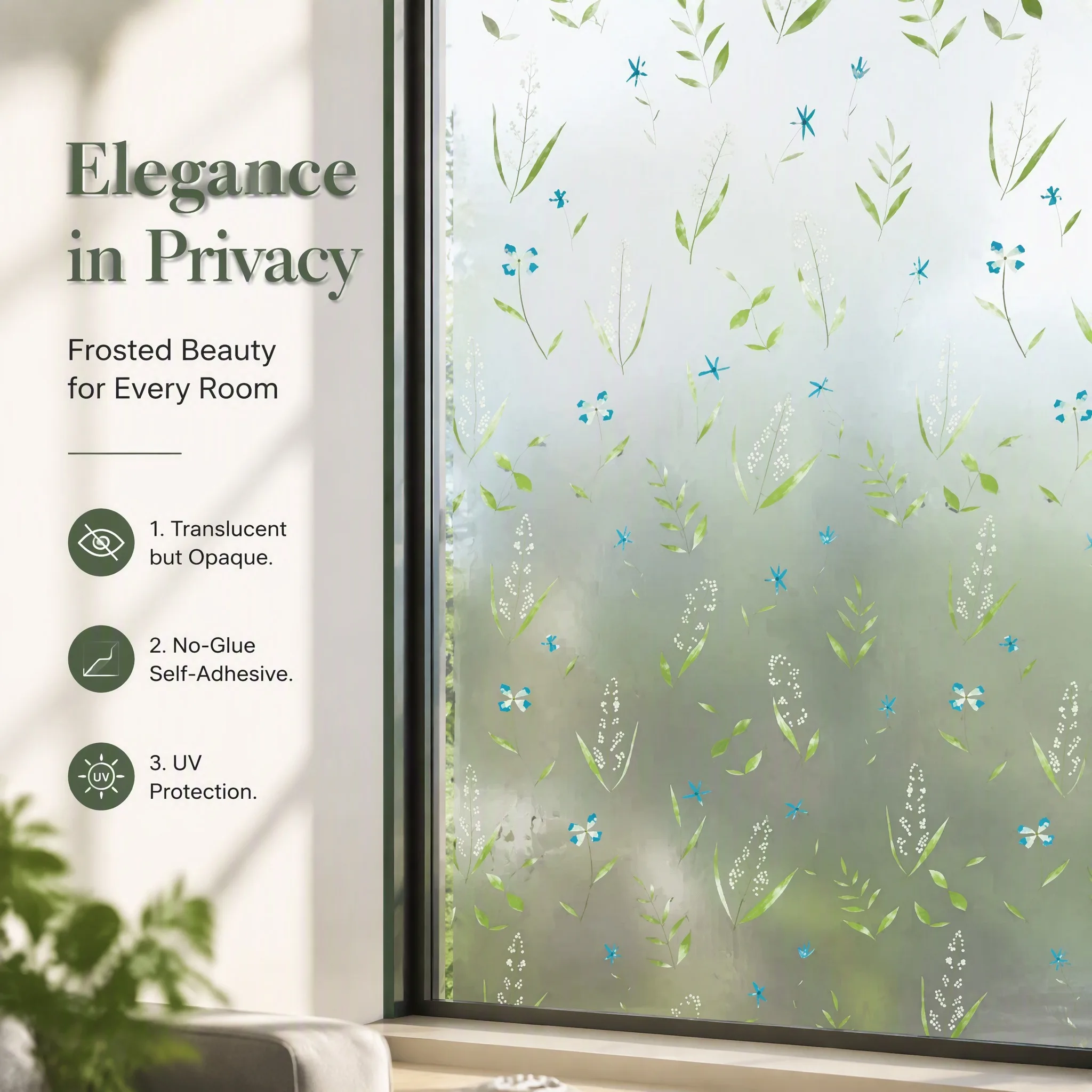 Self‑Adhesive Botanical Window Film Floral Frosted Glass Sticker Anti‑Peeping UV Protection Removable No Residue Privacy Decor