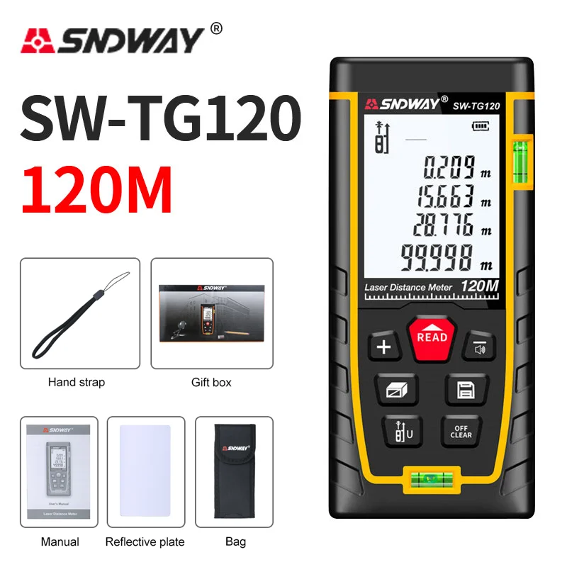 SNDWAY Rangefinder Laser Double Horizontal Bubble Distance Meter Range Battery-Powered Hand Tool Device SW-TG50 70 100 120