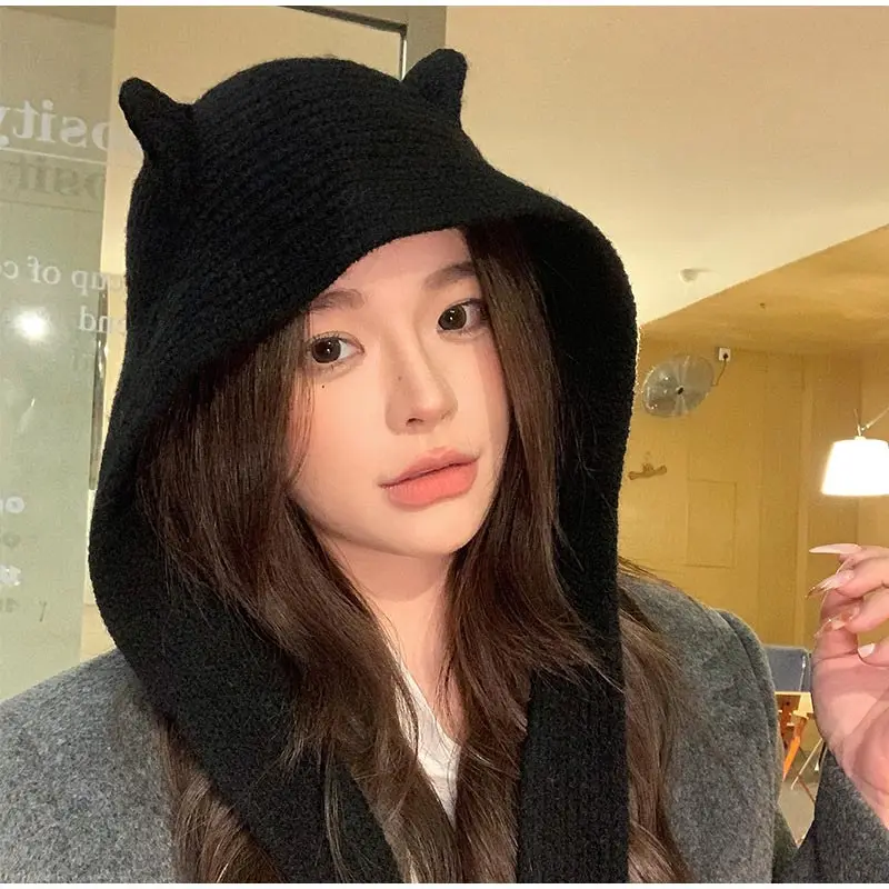 Creative Sharp Devil Horn Knitted Earflap Hat Winter Warmth Versatile Neck Warm Cold-proof Balaclava Winter Hat Winter Items