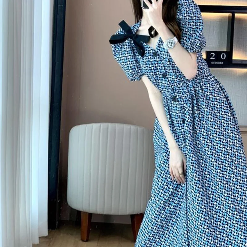 Casual Fashion Printing Button Bow Belt Dresses Summer 2023 New Short Puff Sleeve V-Neck Loose Tunic Midi Dress Women\'s Clothing