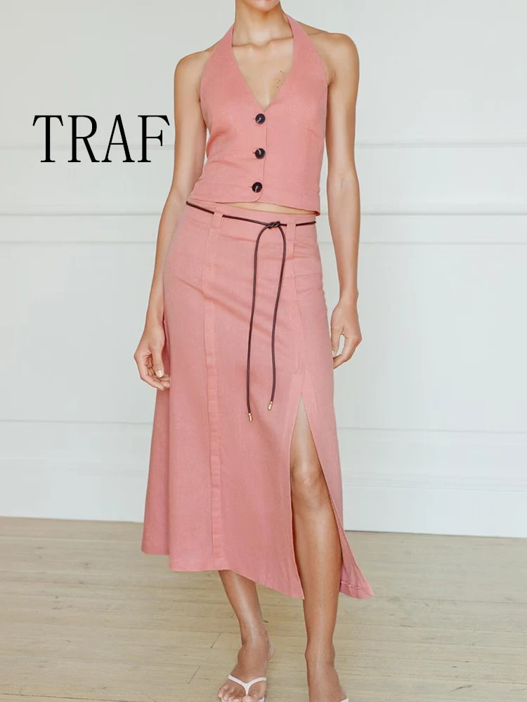 

TRAF European and American style women's summer new fashion sleeveless halter neck top high waist skirt suit