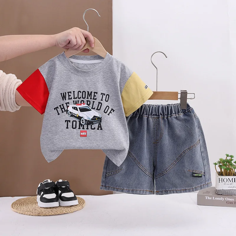 

Toddler Boys Outfits 2026 New Baby Boy Summer Clothes 2 Piece Set 1 To 5 Years Cartoon Car Short Sleeve T-shirt and Denim Shorts