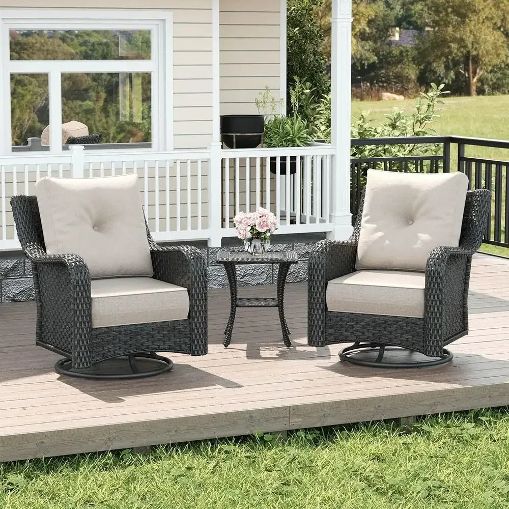 3-Piece Wicker Outdoor Furniture Set with Cushions, High Back Swivel Rocking Chairs and Side Table