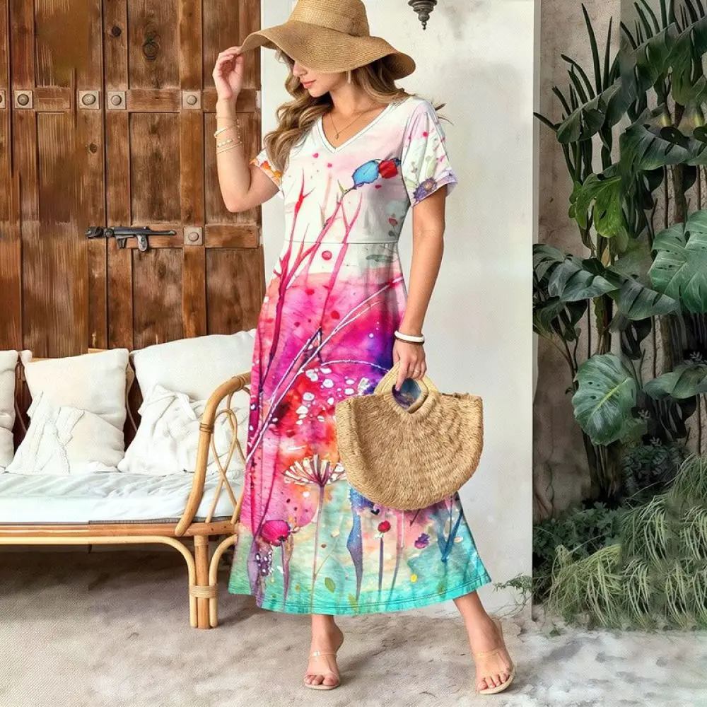 Casual Floral Summer Dress Womens V Neck Loose Maxi Dresses Bohemian Style Elegant Flowy Beach Holiday Apparel