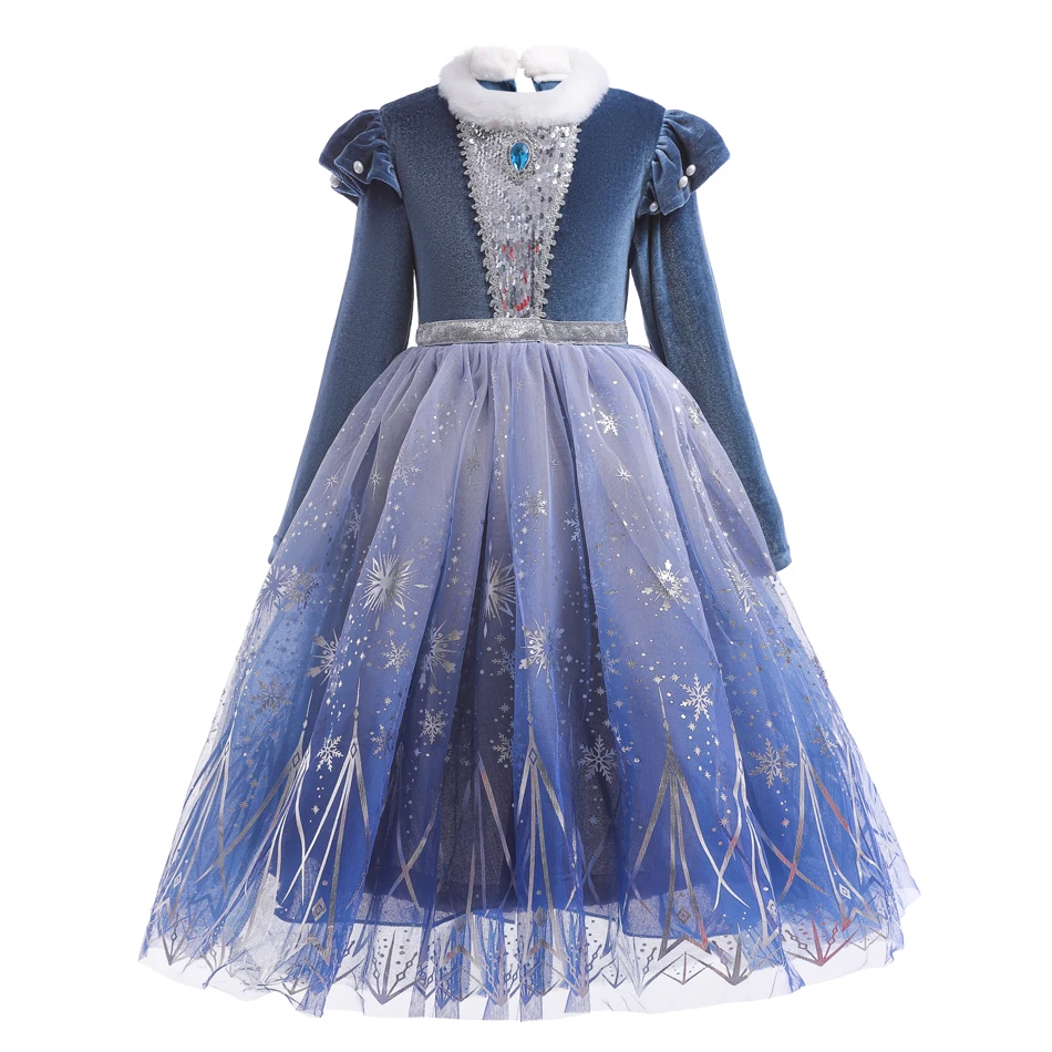 Mädchen Winter Eiskönigin Prinzessinnenkleid Samt Langarm Kunstfellkragen Farbverlauf Schneeflocken-Tüllkleid für Weihnachten Geburtstag – Detail 5