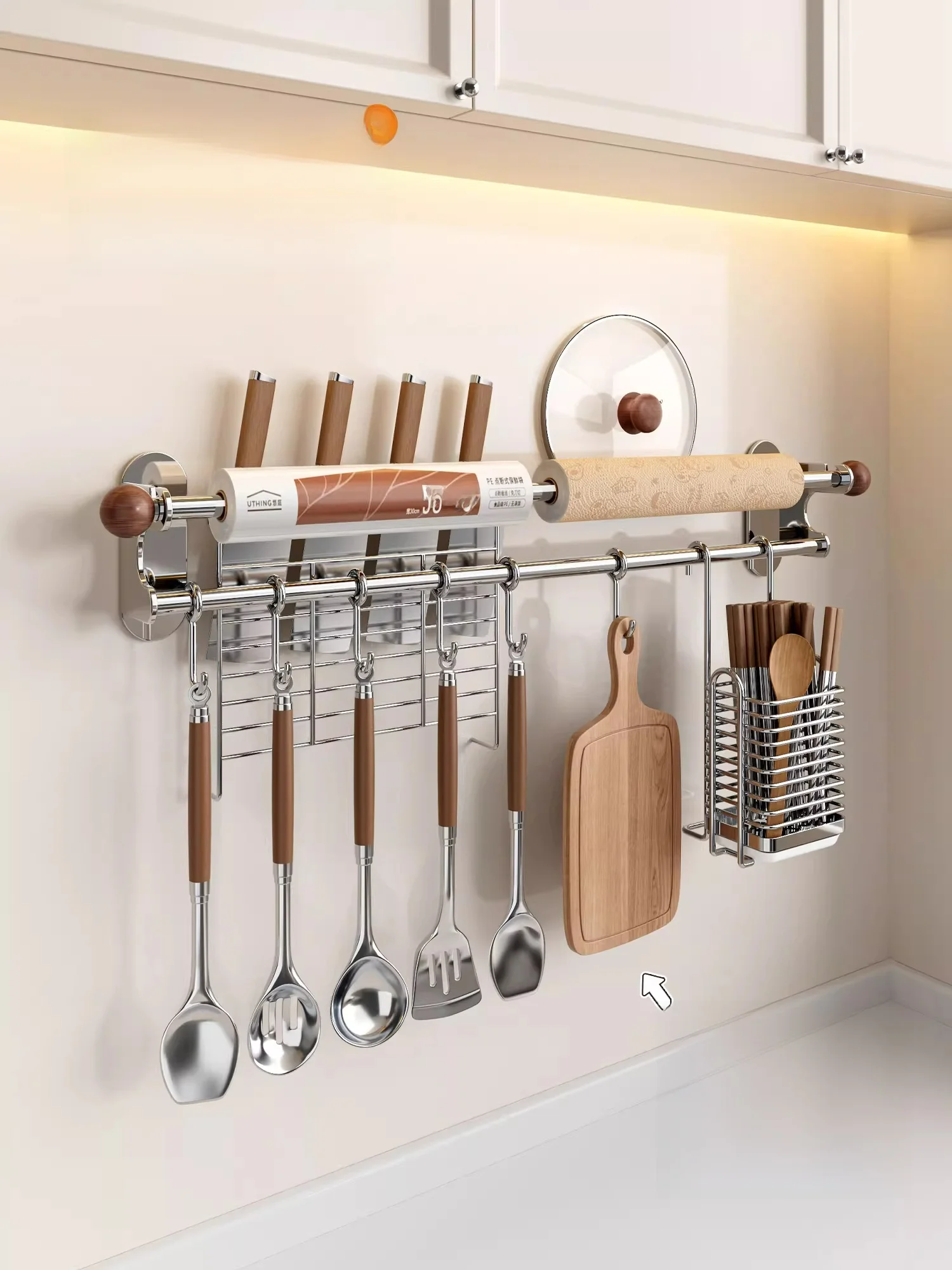 

Multifunctional 304 Stainless Steel Knife Holder Wall Mounted No Drilling Required Kitchen Storage Rack Cutting Board Stand I...
