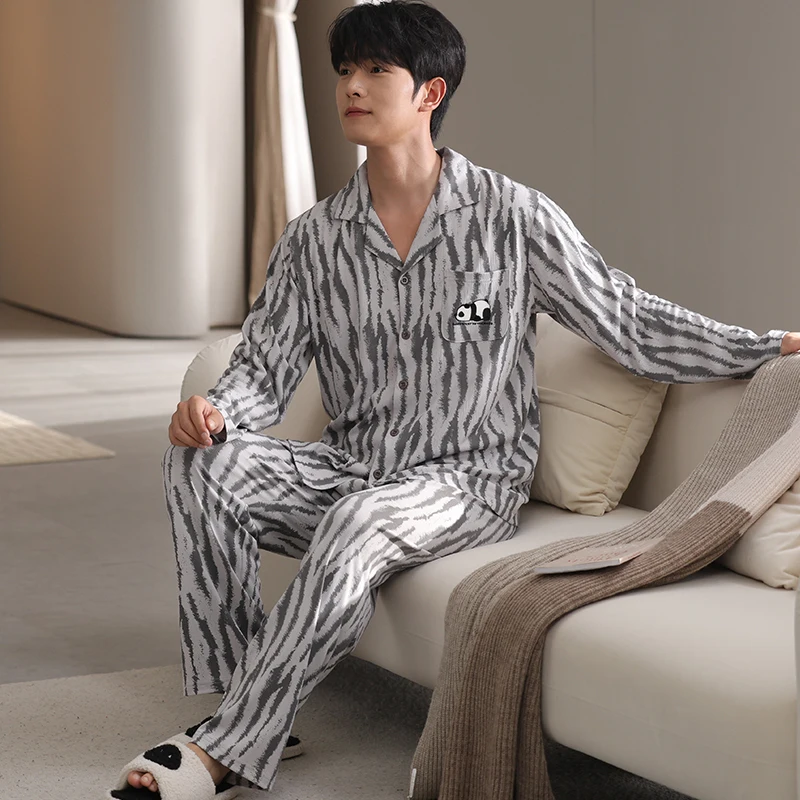 Men Pyjamas Set Cotton Autumn Long Sleeve Animal Pandas Print Pajamas Suit Spring Nightwear Lapel Collar Pijama Hombre Sleepwear