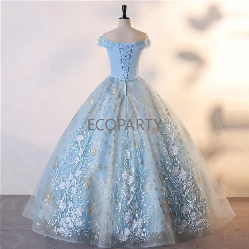 Women\'s Princess Dress Adult Evening Party Dress Embroidered Strapless Off Shoulder Light Blue Dress Women Fluffy Skirt Gown