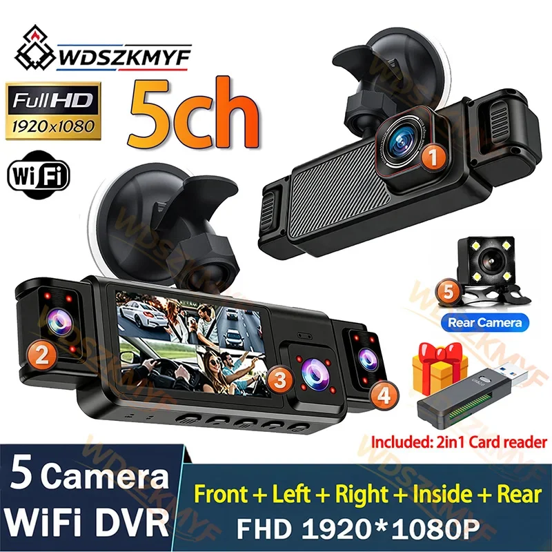 New 360° Car DVR 5Channel WiFi Dash Cam 1080P Camera For Car APP WiFi Control Front inside and Rear view Camera Auto Parts