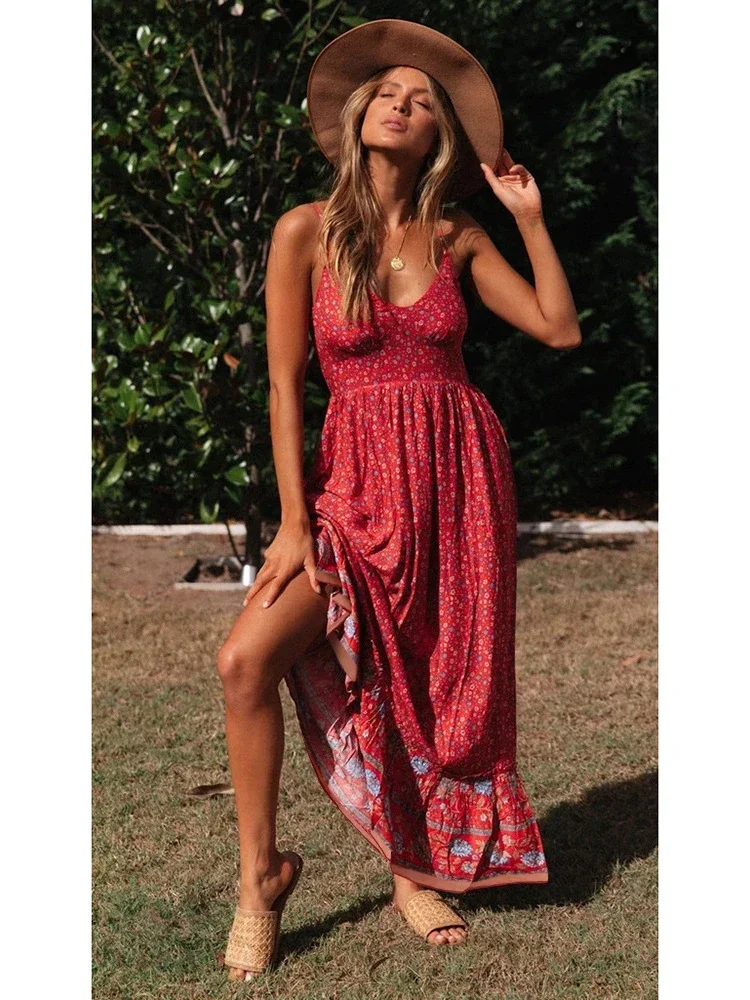 2024 Sommer Maxi Boho Kleid Frauen elegante Blumen kleid Damen Blume V-Ausschnitt ärmellose Riemen Urlaub Bohemian Kleid für Frauen