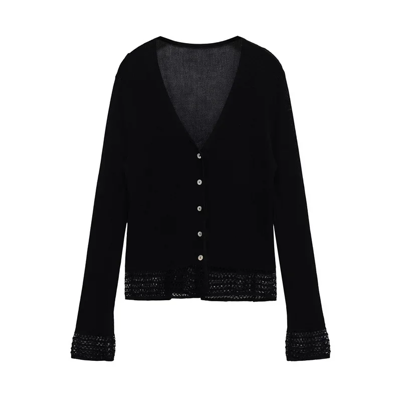 

Spring Autumn V-neck Knitted Jacket New Women's Casual Comfortable Simple Mesh Hem Buttoned Long Sleeve Cardigan Knitted Jacket