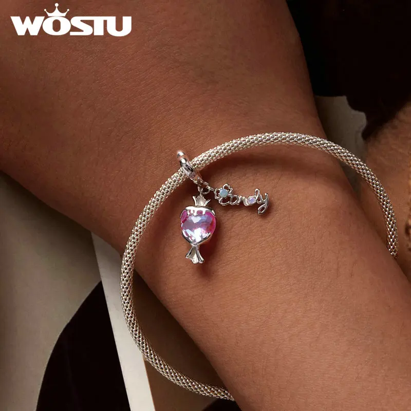 WOSTU 925 Sterling Silver Pink Star Bear Dolphin Heart Charm Pendant Lace Silicone Beads Women Fit DIY Bracelet Necklace Jewelry