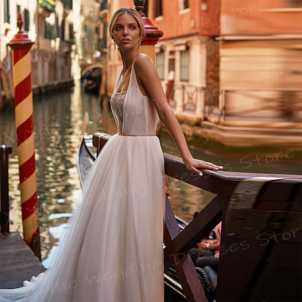 Vestido De novia sencillo y moderno para mujer, traje De novia con cuello cuadrado, sin mangas, espalda descubierta y lentejuelas