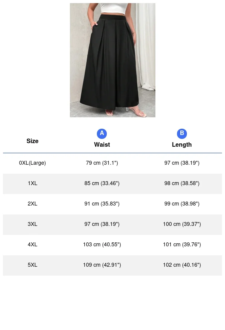 Maxirock in Übergröße für Damen, einfarbig schwarz, hohe Taille, plissiert, elastischer Bund, lässiger, lockerer langer Rock für Damen. – Detail 3