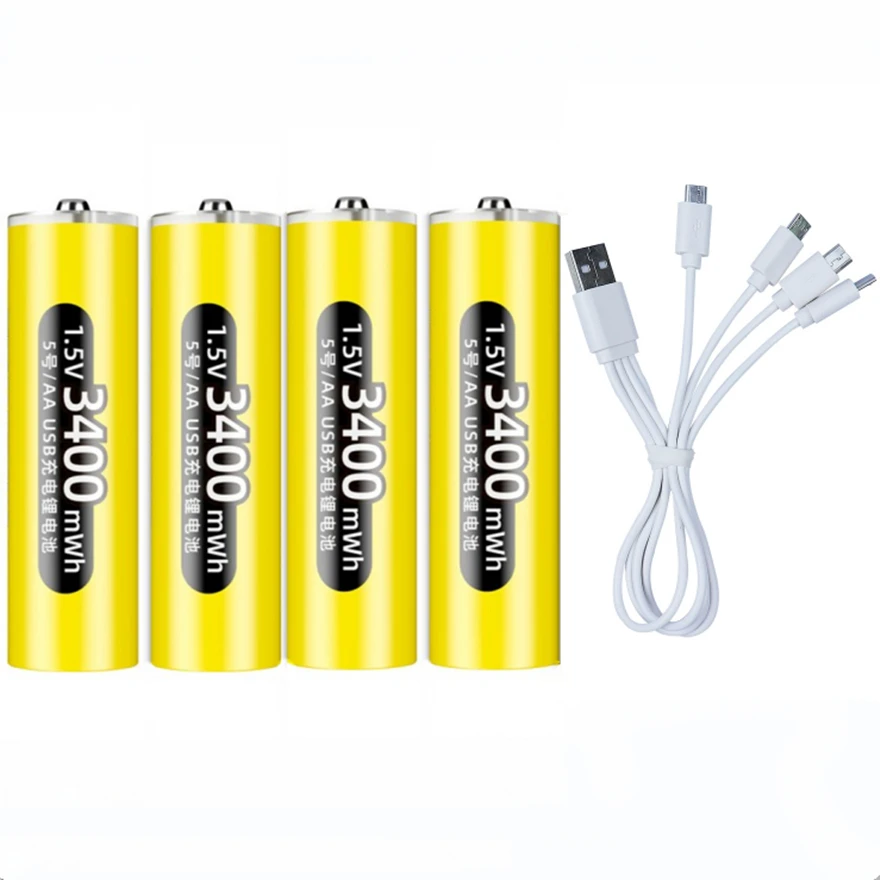 4PCS Original 1.5V AA rechargeable battery 3400mWh USB rechargeable lithium battery with Type-c charging cable for fast charging