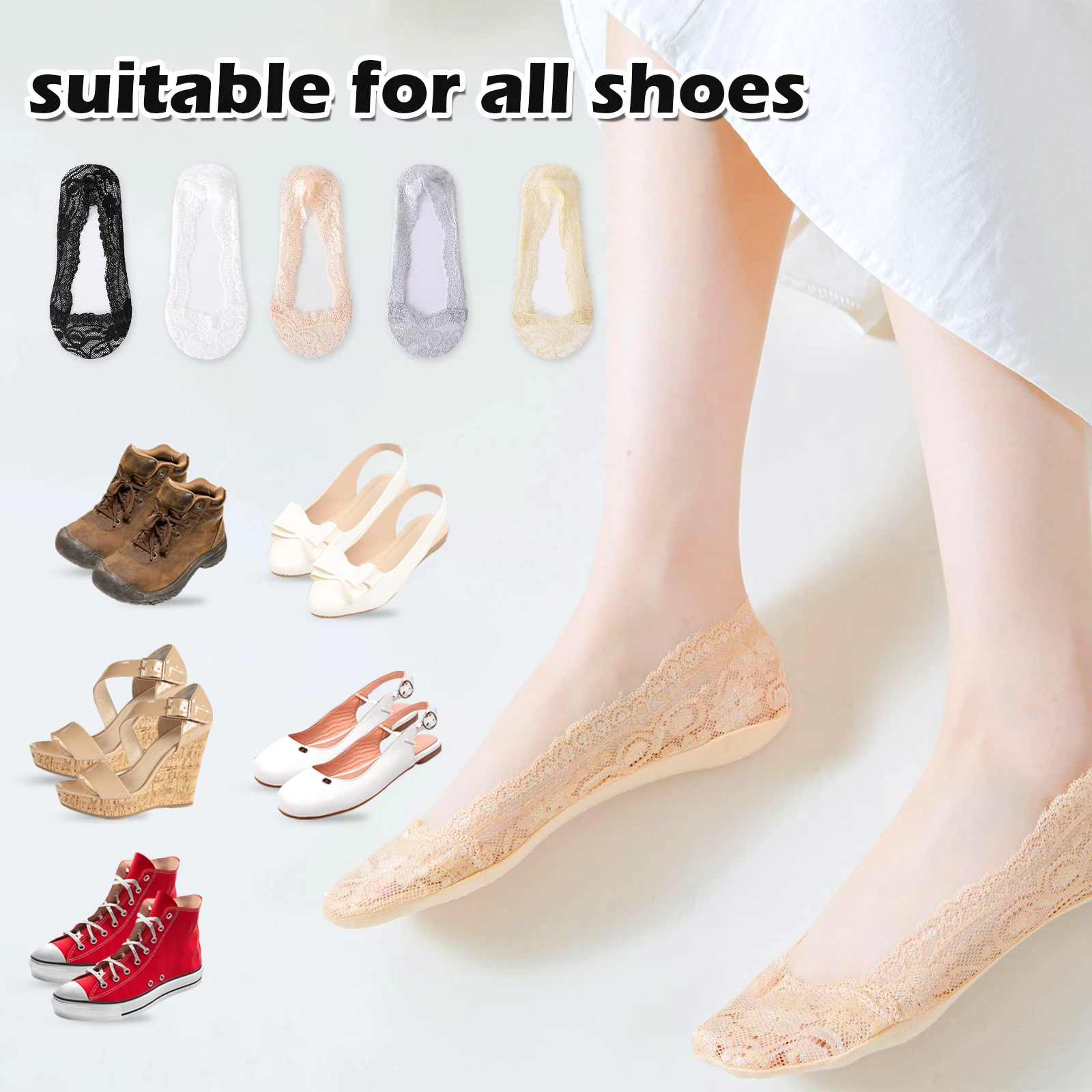 10pairs Invisible Slipper Socks For Women Anti-slid Bottom Lace Pattern Skin-friendly Women Summer