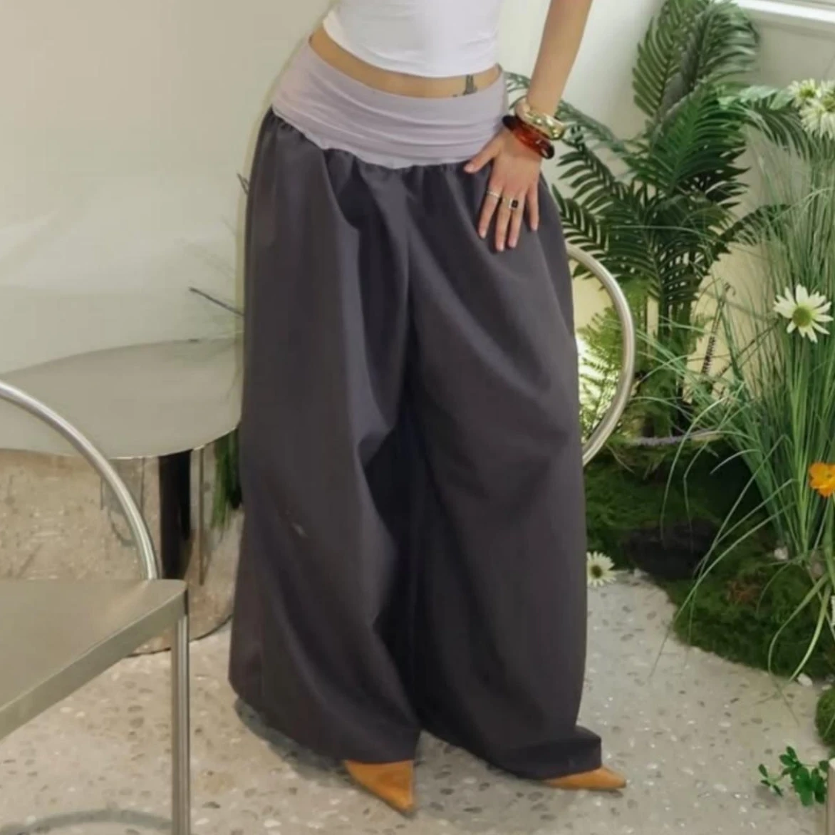Women Oversized Pants Contrast High Rise Wide Leg Sweatpants Casual Loose Trousers Stylish Streetwear