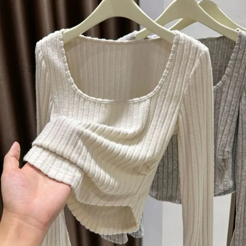 Spring and Autumn Cross-border Stock Long-sleeved T-shirt, New Arc-shaped Brushed Base, Square Collar Collarbone Top, Slim Fit