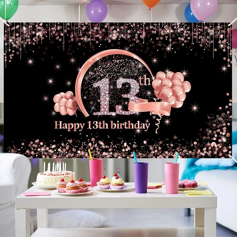 13th Birthday Banner Customized Backdrop Officially Teenager Girls 13 Years Old Party Decorations Glitter Balloons Background