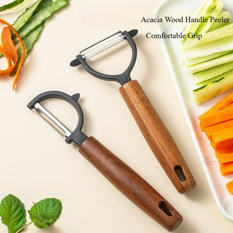2-Piece Wooden Handle Stainless Steel Peeler,Straight & D-shaped Fruit Vegetable Melon Planer,Wooden Grip Peeling  Kitchen Tool