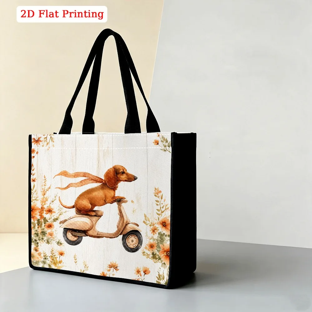 Funny Watercolor Dachshund Riding Retro Scooter Wild Orange Flower Wood Grain Print Large Tote Bag, Whimsical Aesthetic Handbag