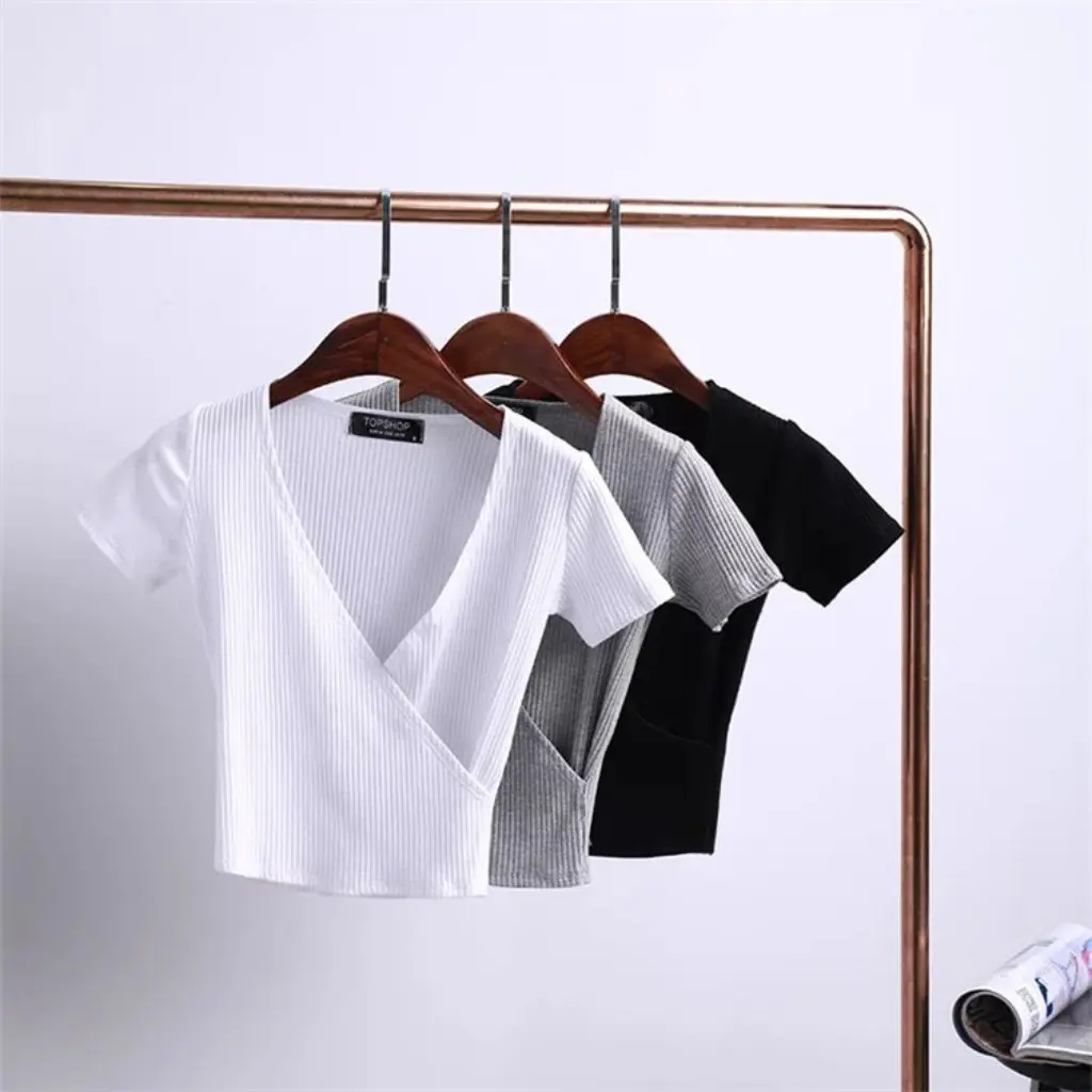 

YPFF Women's V-neck T-shirt Yoga Fitness Short Sleeve Top European American Style Solid Color Cross Tight Summer Wear