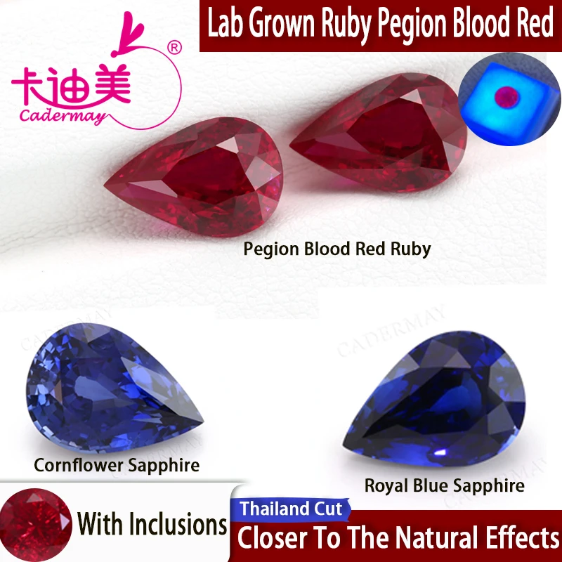 

Искусственно выращенные рубины цвета крови груши, сапфиры цвета василька, свободные камни с включениями, с сертификатом AGL, для изготовления ювелирных изделий и DIY