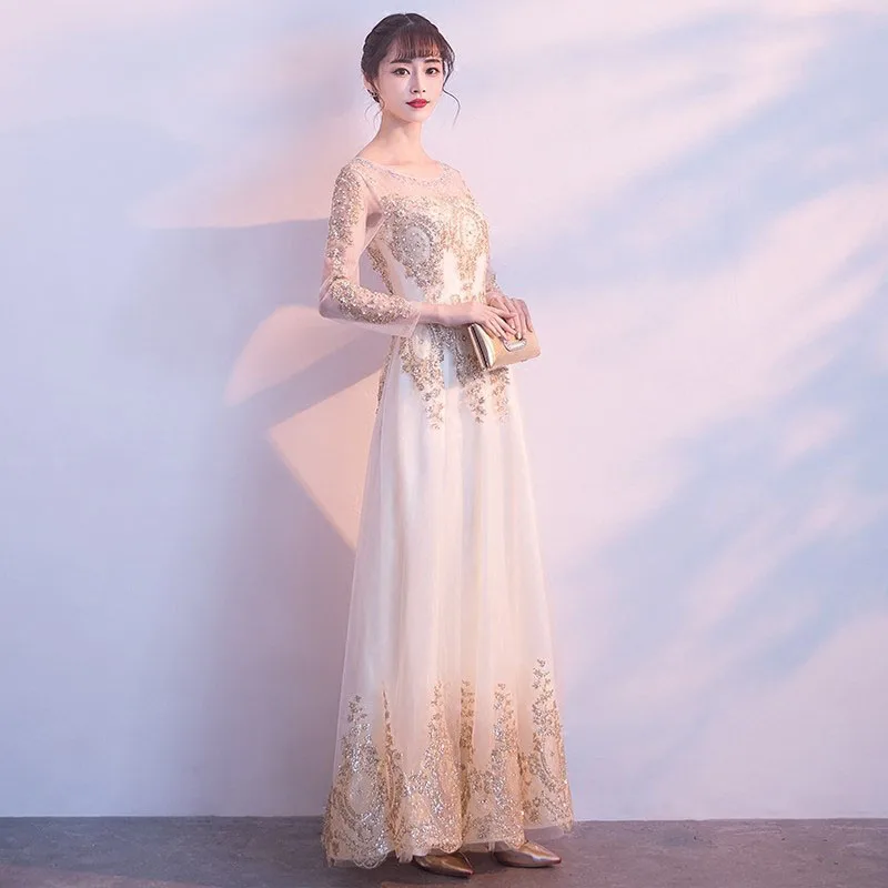 DongCMY Luxury Banquet Golden Prom Dress Female 2024 New Demure Atmosphere Long Sleeve Party Dress Slim Long Style